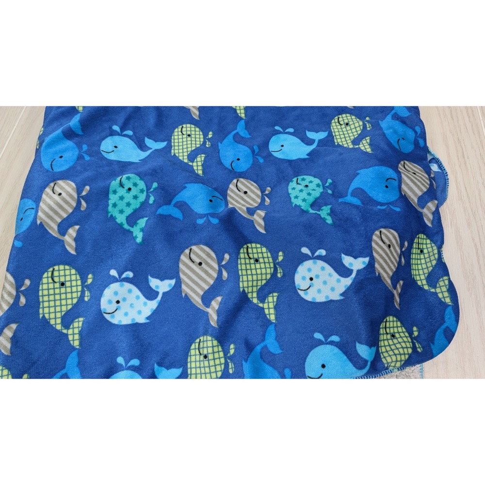 Mumbear Baby Blanket Blue Yellow Orange Green Whale Print Sherpa Back FLAWS READ